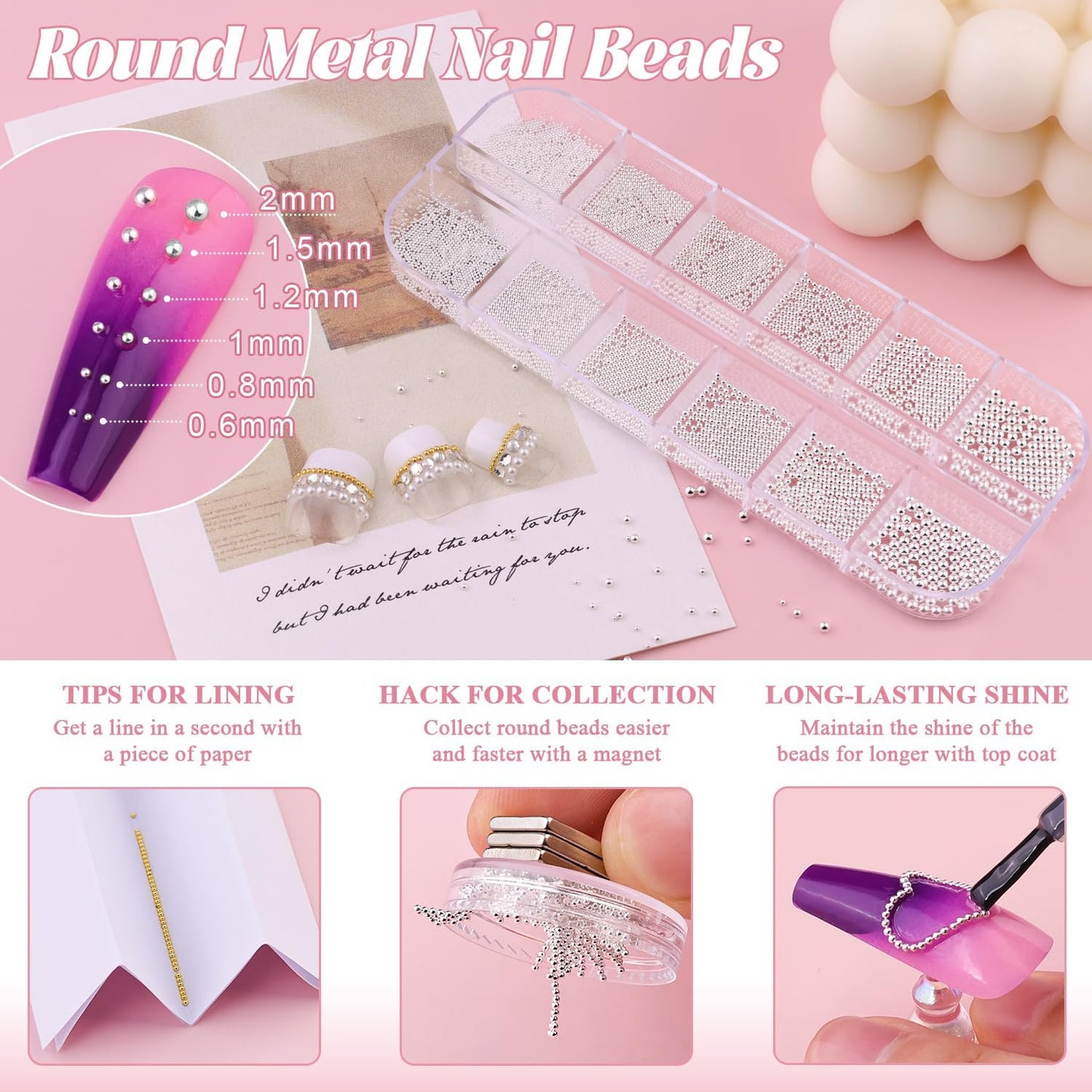 2 Boxes Flatback Pearls (White) and Metal Nail Beads (Silver) with Rhinestones Glue Gel for Nail Art, Pearl Nail Charms and Round Caviar Beads Nail Accessories for Acrylic Nail Tips Manicure Decor-GlimoraGlow