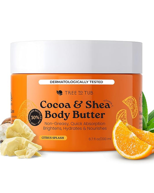 Tree to Tub Shea Body Butter for Dry, Extremely Dry, Sensitive Skin - Moisturizing Body Cream for Women & Men, Hydrating Body Lotion Moisturizer w/Vitamin C, Organic Cocoa, Citrus Scent-GlimoraGlow