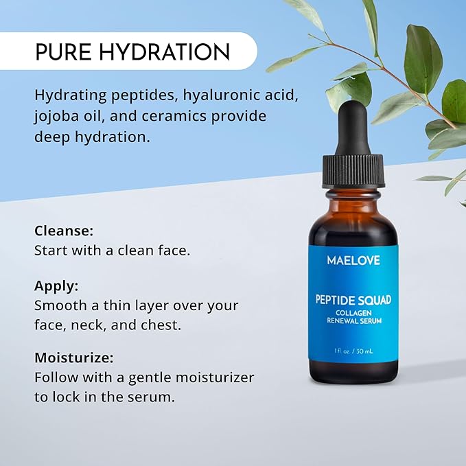 MAELOVE Peptide Squad Collagen Renewal Serum with Copper Peptides, Argireline, Matrixyl 3000 + Hyaluronic Acid and Niacinamide for Wrinkles, Fine Lines, and Skin Elasticity-GlimoraGlow