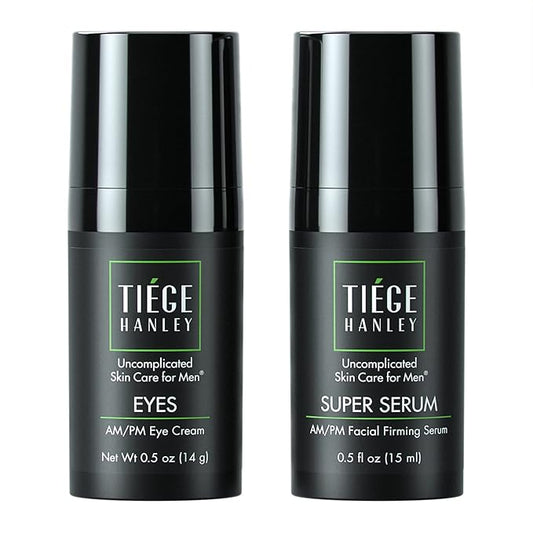 Tiege Hanley Morning and Night Facial Firming Serum (SUPER SERUM) and Eye Cream (EYES) for Men | Anti-Aging Pack | Sodium Hyaluronate and Retinyl Palmitate for Tighter, Smoother Skin | Caffeine to Fight Dark Circles | 0.5 ounces each-GlimoraGlow