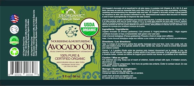 US Organic Avocado Oil Unrefined Virgin, USDA Certified Organic, 100% Pure & Natural, Cold Pressed, in Amber Glass Bottle w/Glass Eye dropper for Easy Application (2 oz (Small))-GlimoraGlow