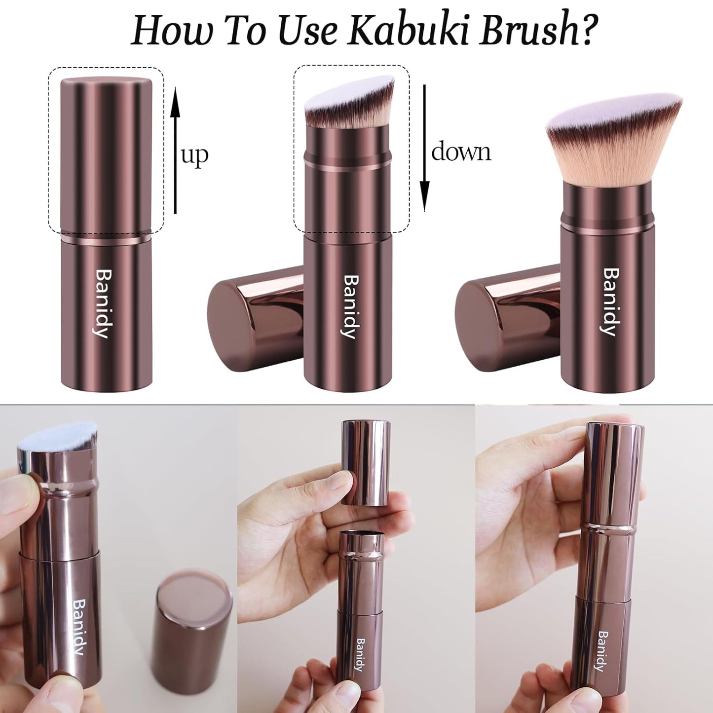 Makeup Brush Kabuki Face Brushes Retractable Travel Blush Kabuki Brush Portable Flawless for Foundation, Powder Blush, Bronzer, Buffing, Liquid, Cream, Cruelty Free with Cover(Brown)-GlimoraGlow