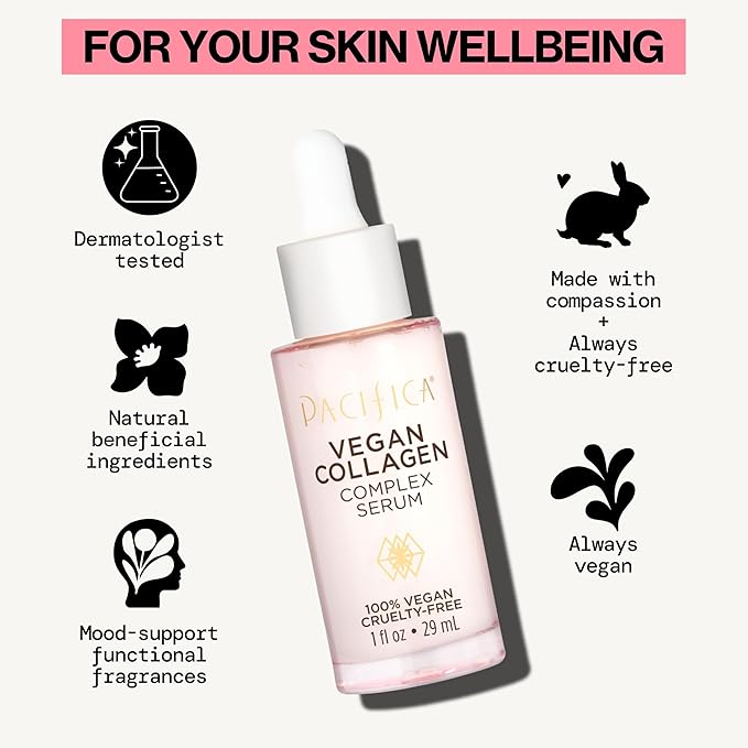 Pacifica Vegan Collagen Complex Face Serum Anti Aging Hydrating Serum w/Hyaluronic Acid for Plumping & Firming Collagen Boosting Facial Serum for Fine Lines & Wrinkles Clean Dermatologist Tested-GlimoraGlow