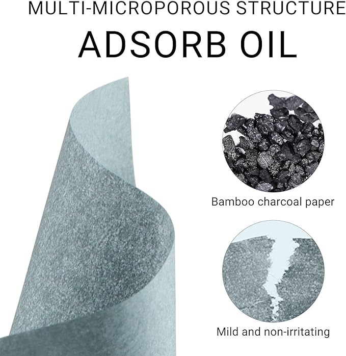 KYDA 200 Sheets Bamboo Charcoal Oil Blotting Paper with Mirror and Puff, Refills Included, Face Oil Absorbing Sheets, Makeup Friendly Oil Control Paper, Travel Size Oil Control Film-GlimoraGlow