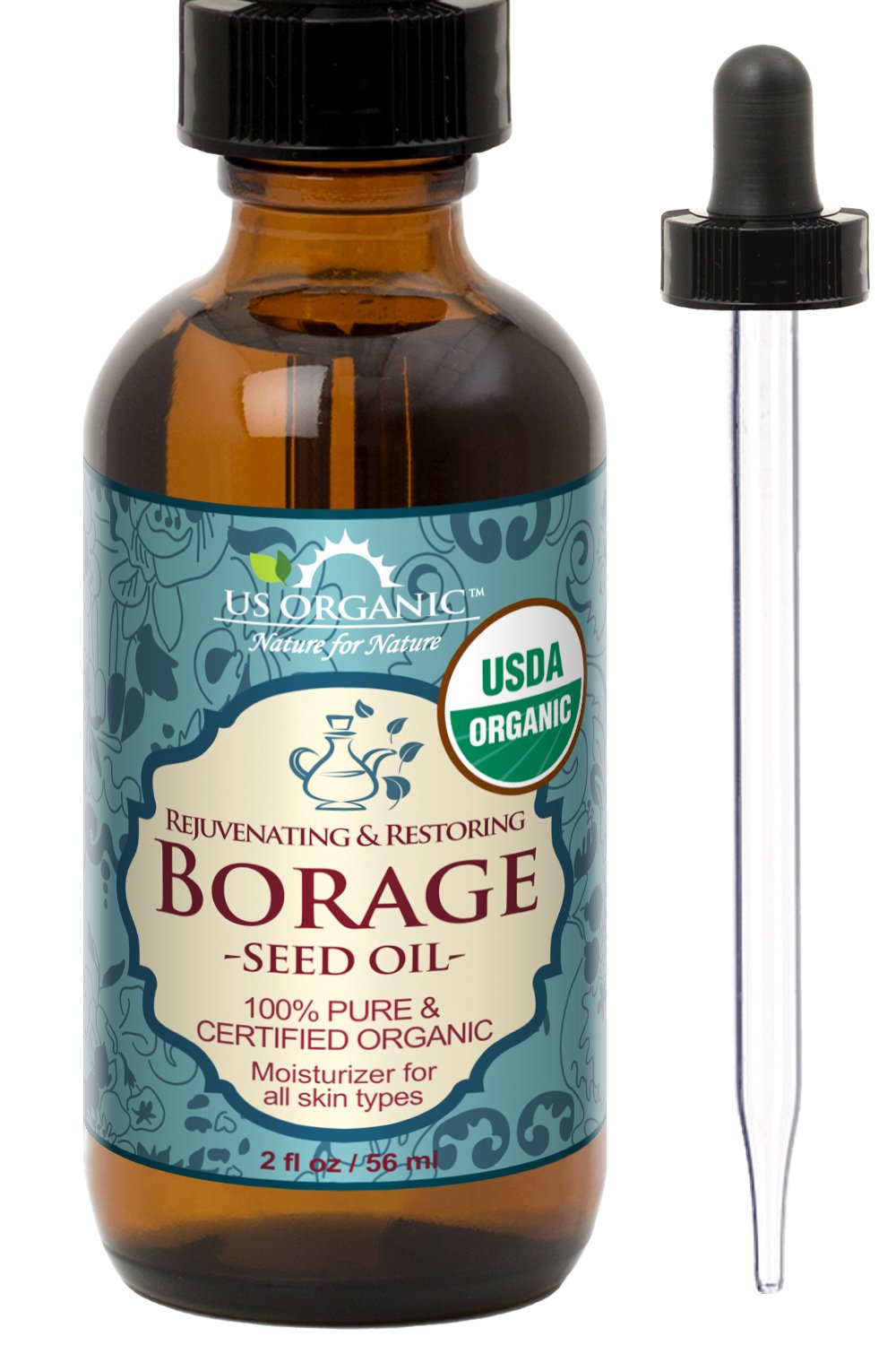 US Organic Borage seed Oil (18% GLA), USDA Certified Organic, 100% Pure & Natural, Cold Pressed, aka Starflower oil, in Amber Glass Bottle w/Eye dropper for Easy Application (2 oz (56 ml))-GlimoraGlow
