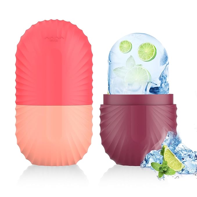 2pcs Ice Roller for Face and Eye, Silicone Ice Facial Roller Ice Holder, Face Ice Mold Skin Care, Face Icers Reusable Ice Cube Roller for Shrink Pores Anti Wrinkle Reduce Puffiness, Pink Rose-GlimoraGlow