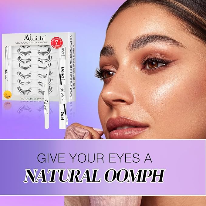 Wispy False Eyelashes Kit With Bond, Seal and Tweezer, 7 Pairs Natural Look Fake Cat Eye Lashes Strips Thin Band Extensions Waterproof Easy Eyelashes for Beginners DF99#-GlimoraGlow