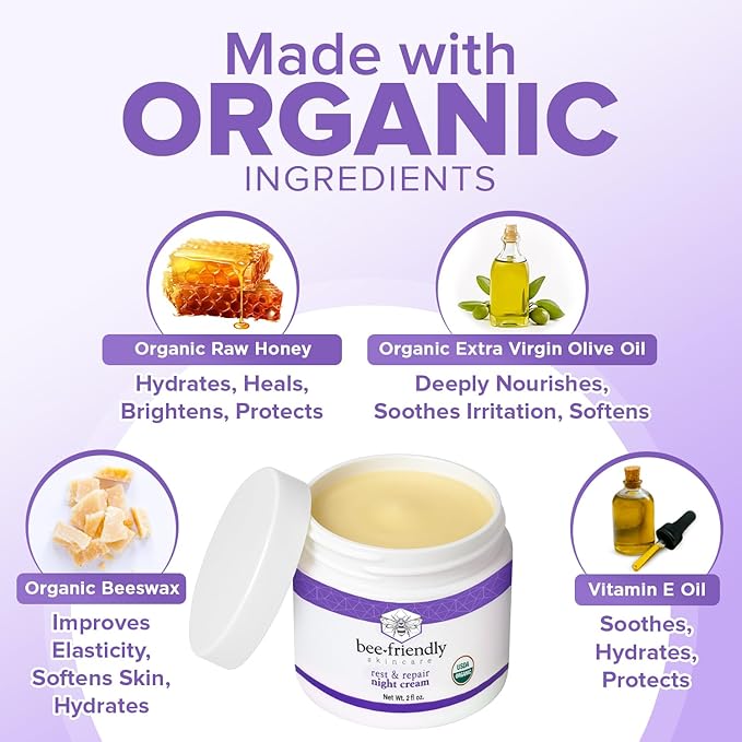 BeeFriendly Organic Night Cream, USDA Certified Organic, Deep Hydrating & Moisturizing Night Time Eye, Face, Neck & Decollete Cream for Women and Men, Anti Aging, Anti Wrinkle 2 oz-GlimoraGlow