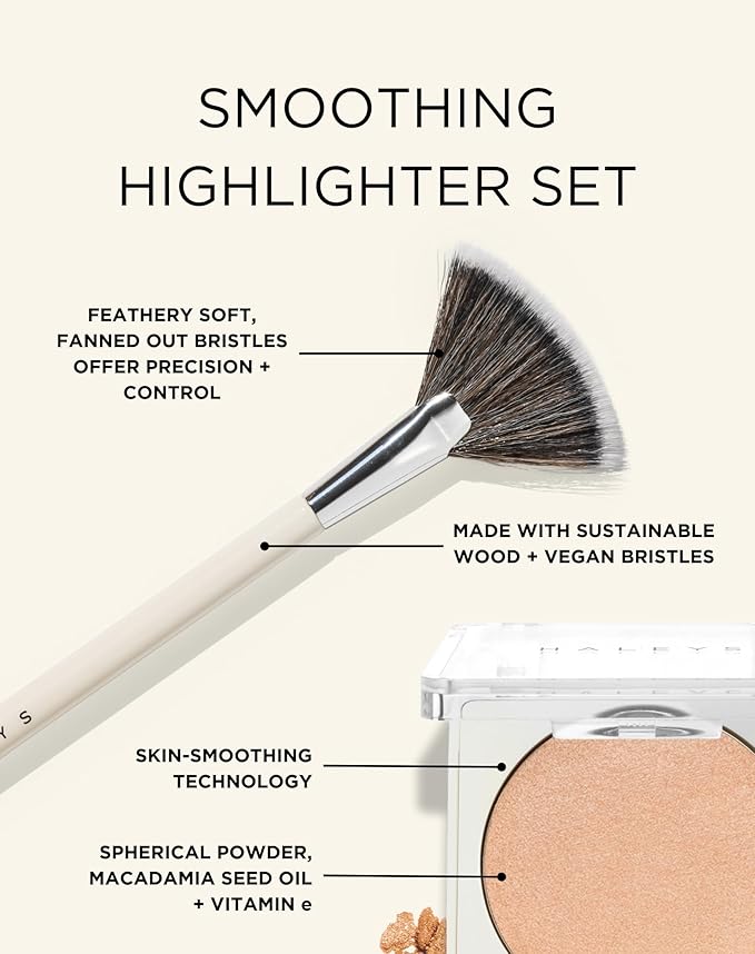 HALEYS Fan Brush VEGAN+CRUELTY-FREE, Sustainable Wood, Vegan Bristles for Airbrushed Finish, For highlighter application, Streak-free, Perfect Blending, Blurs, Smooths with Control-GlimoraGlow