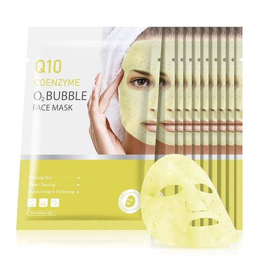 10 Sheets Coenzyme Q10 O2 Bubble Masks for Face, Bubble Face Mask Skincare for All Skin Types, Deep Cleansing Moisturizing Facial Mask Skin Care for Pores, Firming, Purifying, Sheet Masks for Spa-GlimoraGlow