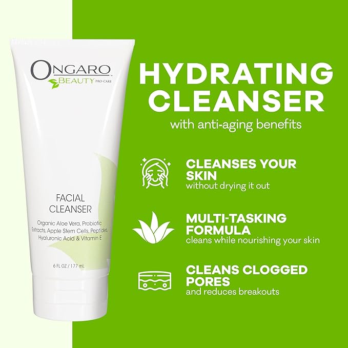 Ongaro Beauty Hydrating Face Cleanser, Gentle Facial Cleanser with Organic Aloe Vera for Normal, Oily, Sensitive and Dry Skin, Facial Wash with Hyaluronic Acid and Vitamin E, 6 fl oz-GlimoraGlow