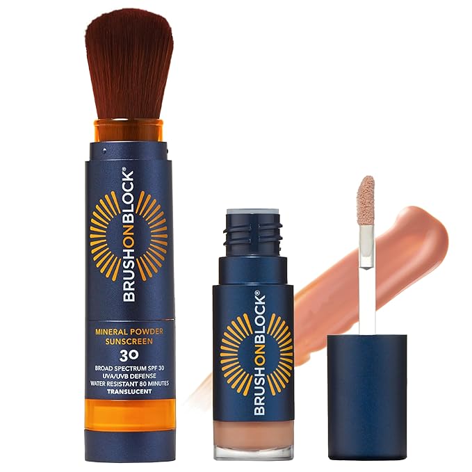 Brush On Block Full Face Sun Protection Kit, Translucent Mineral Powdered Sunscreen & Protective Lip Oil SPF 30, Reef Friendly, FSA HSA Eligible-GlimoraGlow