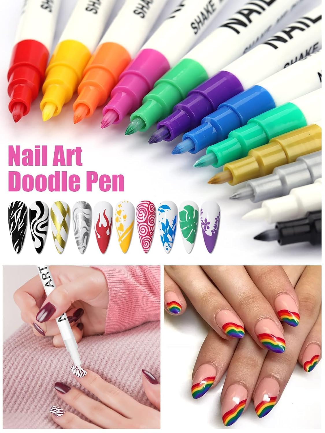 12 Color 3D Nail Art Pens Set, Kalolary Nail Pens Nail Point Graffiti Dotting Pen Drawing Painting Liner Brush for DIY Nail Art Beauty Adorn Manicure Tools-GlimoraGlow