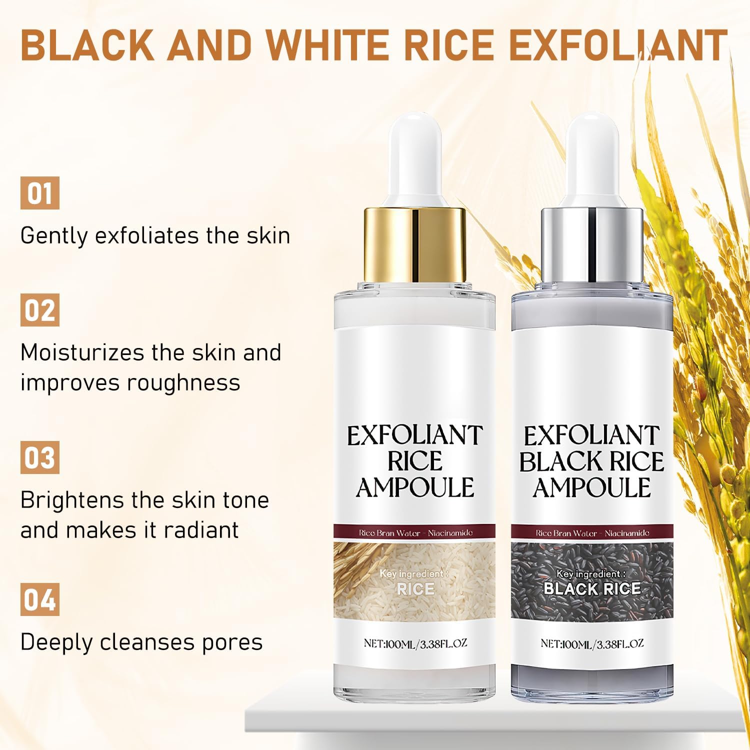 Rice Exfoliant Ampoule Duo, Black and White Face Peeling Solution, Moisturizing Pore Minimizer, 2-Pack, 100ml-GlimoraGlow
