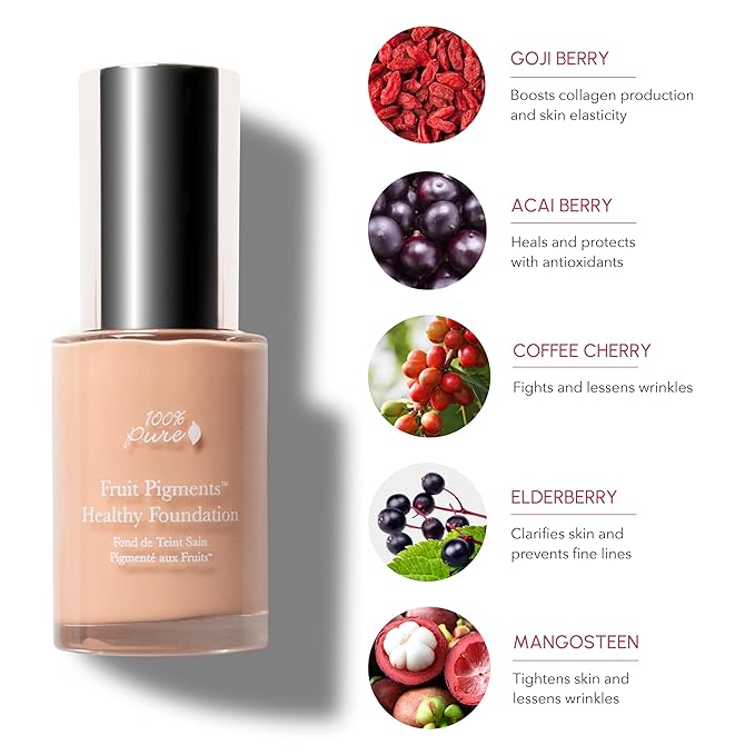 100% PURE Healthy Foundation Full Face Coverage Makeup, Liquid Matte Finish with Anti-Aging Benefits - Vegan Gorgeous Fruit Pigmented Sand Color (Light Medium with Neutral Undertone) - 1 Fl Oz-GlimoraGlow