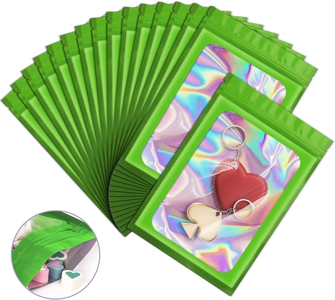 100 Pack Holographic Bags,Smell Proof Packaging Bags, Clear Window Resealable Odor Foil Pouch Mylar Bags for Food Storage and Lipgloss, Jewelry Lash(Green, 2.4 x 3.9 Inch)-GlimoraGlow