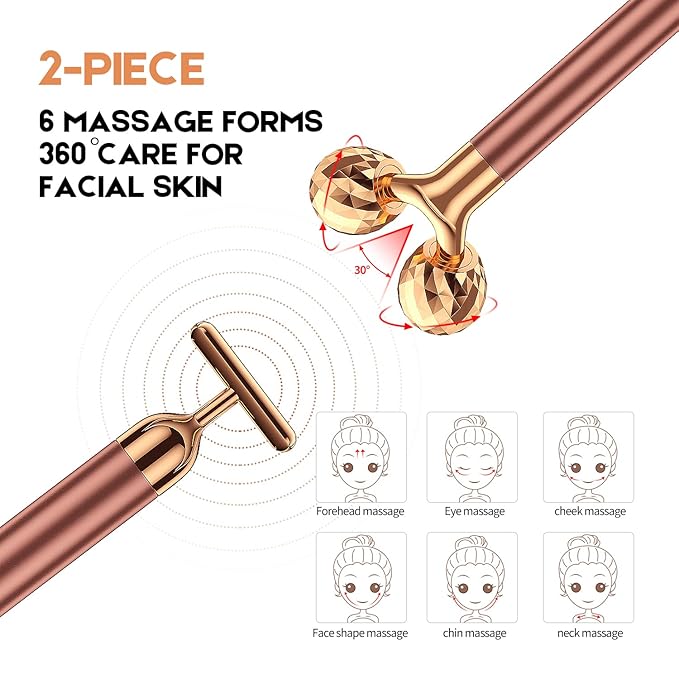 2-IN-1 Beauty Bar 24k Golden Pulse Facial Face Massager, Electric 3D Roller and T Shape Arm Eye Nose Head Massager Facial Roller Massager Kit Skin Care Tools-GlimoraGlow