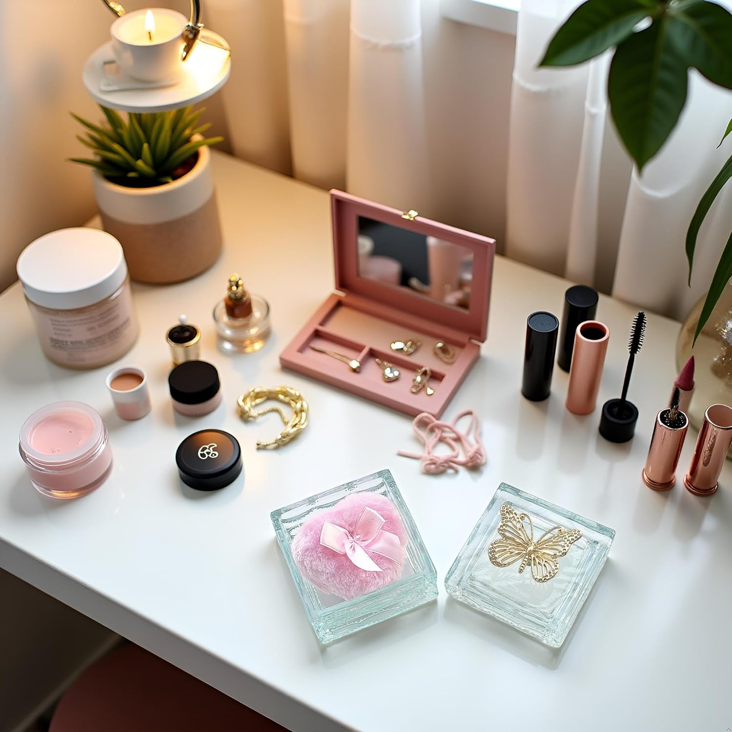 Body Powder Puff and Container - Glass Dusting Powder Container with Soft Puffs Vintage Powder Puff Case for Women & Girls (3.23x3.23x2.95 H IN) - GRB016-Light Green-GlimoraGlow