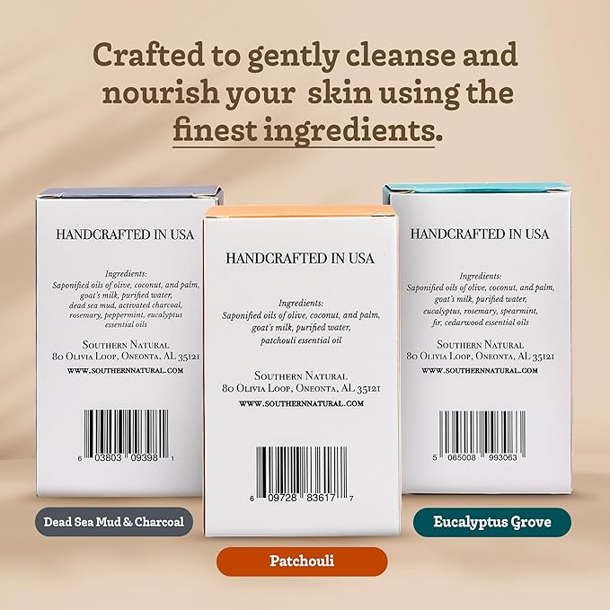 Southern Natural Goat Milk Soap Bar (Variety 3 Pack) Dead Sea Mud & Charcoal, Patchouli, Eucalyptus Grove - For Dry Sensitive Skin. Great For Face and Body.(Each Bar 4-4.5 oz)-GlimoraGlow