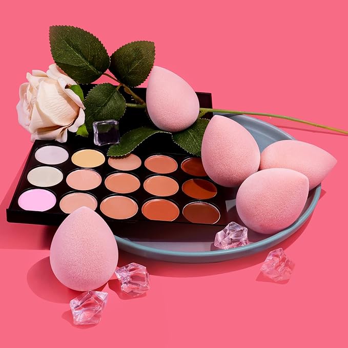BEAKEY Makeup Sponge Set, Foundation Blending Sponge, Beauty Sponges Flawless for Liquid, Cream, and Powder, Microfiber Latex-Free and Vegan Boun Boun Sponges, 5 Pcs Pink Makeup Sponges-GlimoraGlow