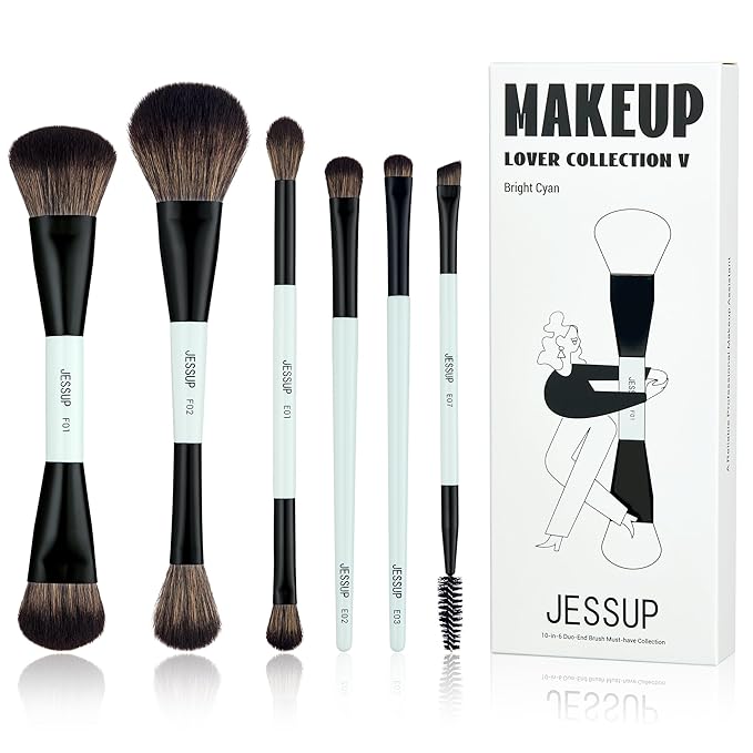 Jessup Makeup Brush Set 6pcs Double Sided Makeup Brushes Foundation Contour Blush Highlight Blending Eyebrow Brush Eyeshadow Brush, Vegan Fiber Make up Brush Bright Cyan T501-GlimoraGlow