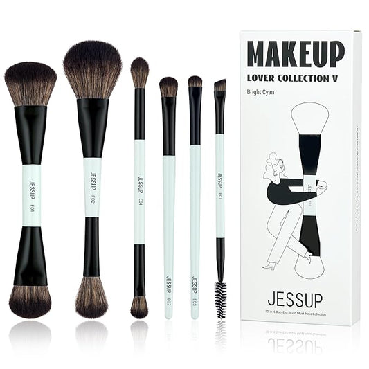 Jessup Makeup Brush Set 6pcs Double Sided Makeup Brushes Foundation Contour Blush Highlight Blending Eyebrow Brush Eyeshadow Brush, Vegan Fiber Make up Brush Bright Cyan T501-GlimoraGlow