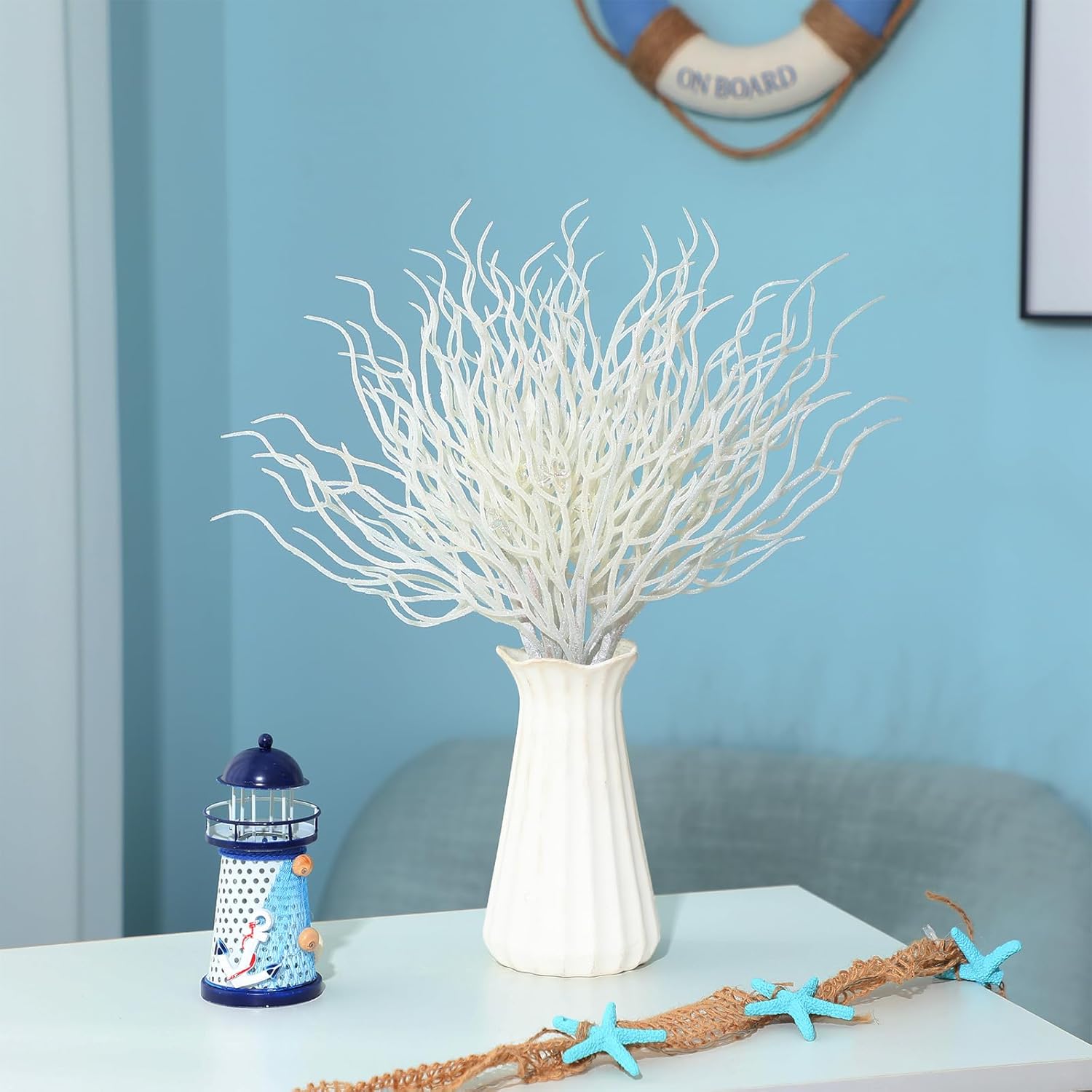 8 Pcs White Coastal Ornaments for Christmas Tree 15.7inch Glitter Coral Beach Ocean Spray Pick Branch Christmas Tree Topper Decorations Filler Twigs for Xmas Vase Wreaths Gift