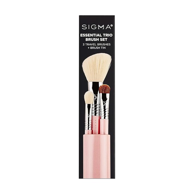 Sigma Beauty Travel Essential Trio - Makeup Brush Set for Foundation Powder Eyeshadow - 3 Tool Brushes with Brush Tin Holder - - Skin Safe, Vegan Makeup Brushes for Travel - Light Pink-GlimoraGlow
