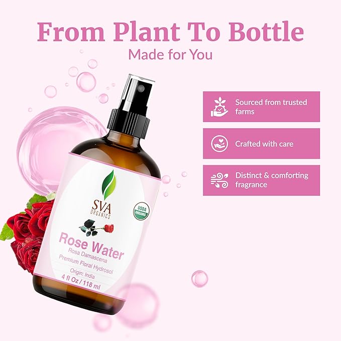 SVA ORGANICS Rose Water 4oz (118 ml) Refreshing Rose Water Spray for Skin Care, Skin Hydration, Bath, Soaps, Haircare & Aromatherapy-GlimoraGlow