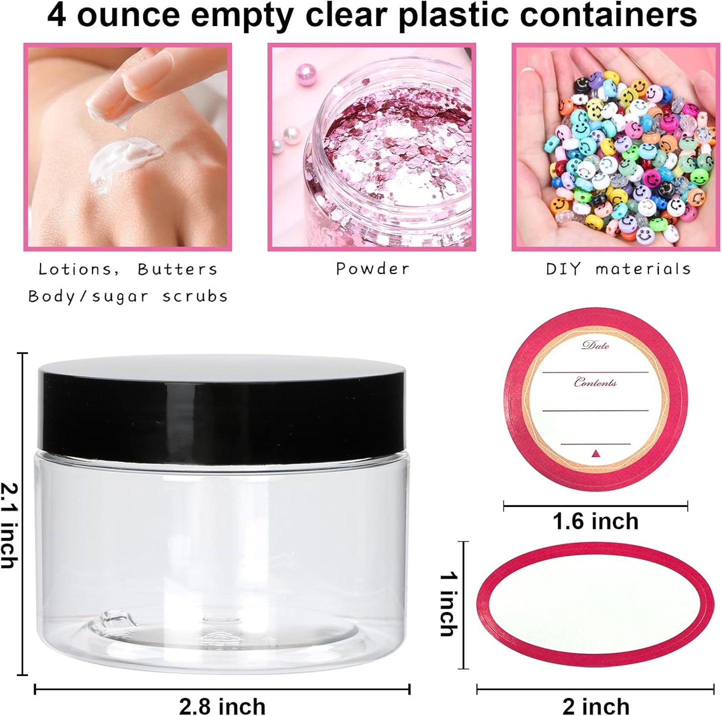 16 Pack 4oz Plastic Containers with Lids, Jars with Lids, Great for storing,lip balms, creams, ointments, cosmetics, samples-GlimoraGlow