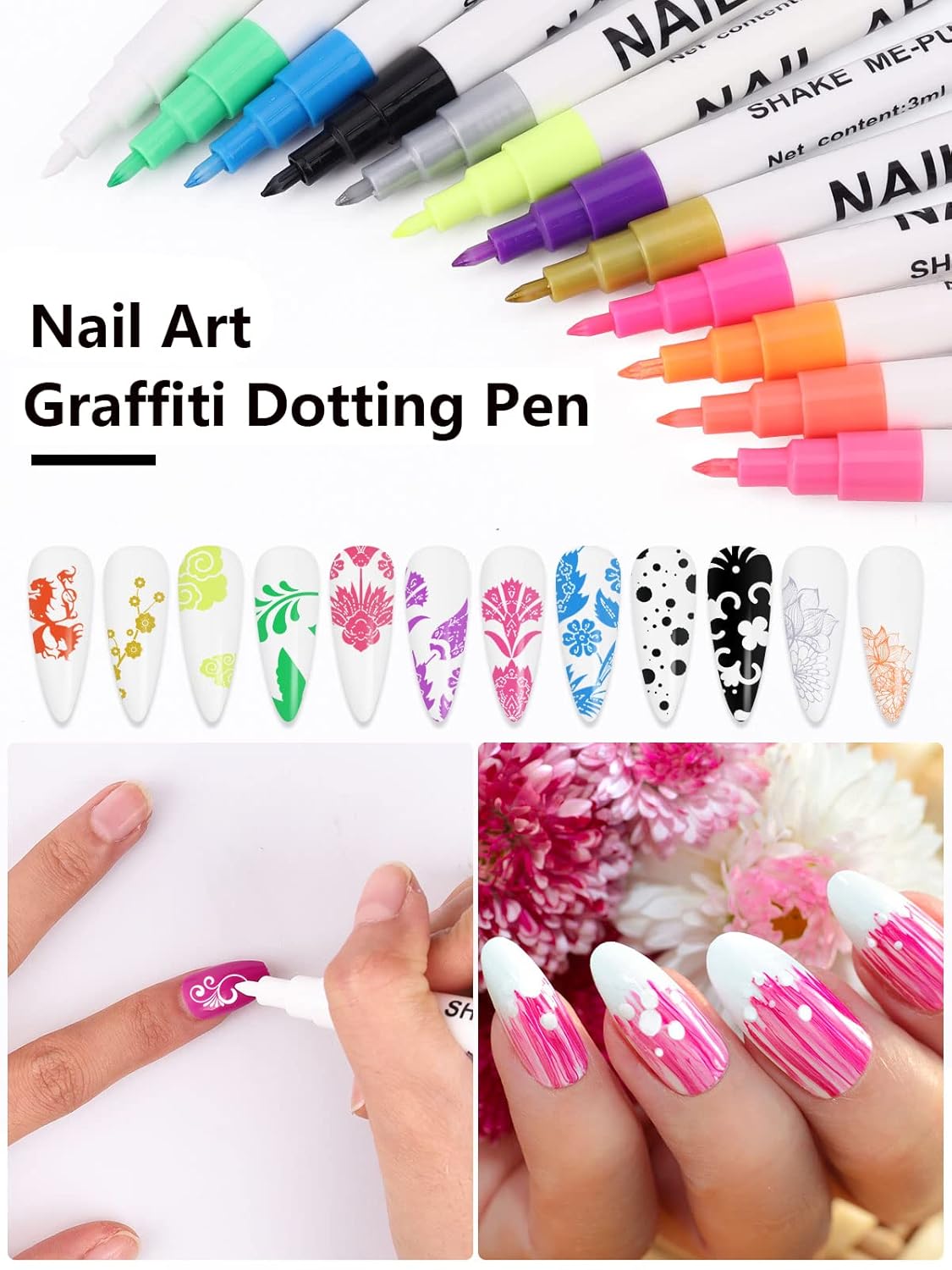 12 Color 3D Nail Art Pens Set, Kalolary Nail Point Graffiti Dotting Pen Drawing Painting Liner Brush for DIY Nail Art Beauty Adorn Manicure Tools-GlimoraGlow
