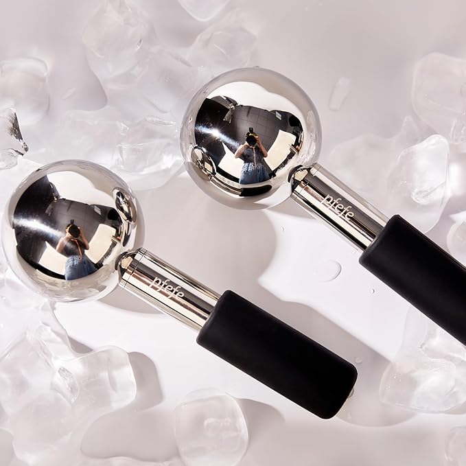 360 Rotating Ice Globes for Face & Eyes, Unbreakable Stainless Steel Cryo Sticks for Beauty Routines, Facials Cold Roller Colling Globes for Puffiness, Wrinkles, Dark Circles, Headaches-GlimoraGlow