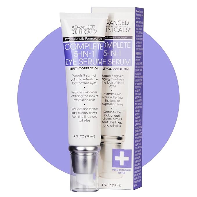 Advanced Clinicals 5-in-1 Eye Serum | Multi-Benefit Visible Anti Aging Under Eye Serum Face Moisturizer Reduces Appearance Of Dark Circles, Puffy Eyes, Crows Feet, Wrinkles, & Fine Lines, 2 Fl Oz-GlimoraGlow