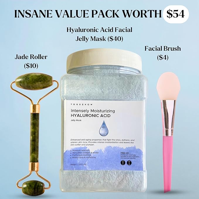 Jelly Face Mask for Facials - Hyaluronic Acid Hydrating, Brightening & Nourishing Jelly Mask with Free Jade Roller & Spatula | Professional Hydrojelly Masks | Vajacial Jelly Mask Powder | 23 Oz Jar-GlimoraGlow