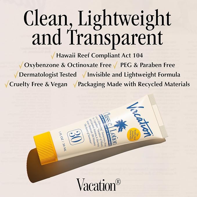 Vacation Mini Classic Sunscreen SPF 30, Water-Resistant, Bulk Suntan Lotion, Bachelorette Party Favors, Beach Must Haves, Traveling Essentials, Travel Size, 1 Fl. Oz. (Value Pack of 12)-GlimoraGlow
