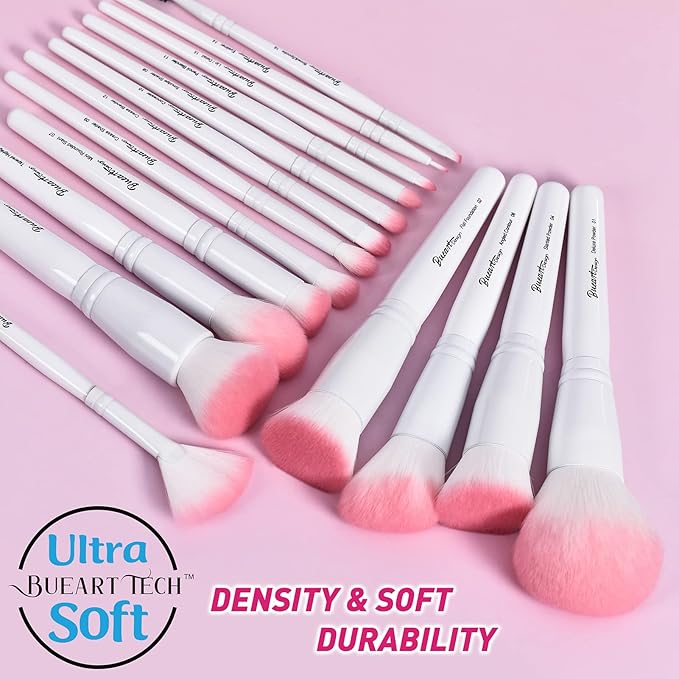 Bueart Design 16Pcs ULTRA SOFT labeled Makeup Brushes set with brush Holder face brush for Foundation Powder Blending Blush wooden Handle(16Pcs White+Pink Holder)-GlimoraGlow