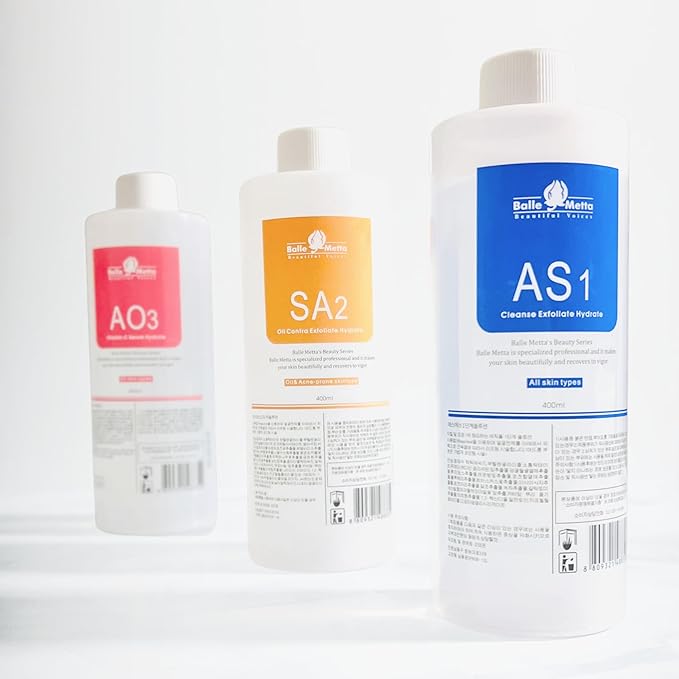 BRÜUN Hydrogen Oxygen Facial Machine Serums for Facial Cleansing – A Pack of 400ml 3 Aqua Peeling Solution AS1, SA2, and AO3 –Skin Care Hydra Solution for Vacuum face Cleaning Jet for Home and Spa-GlimoraGlow