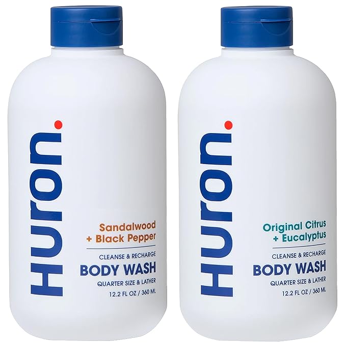 Huron Body Wash Scent Duo - Citrus + Eucalyptus & Sandalwood + Black Pepper Scents - Men’s Body Wash - Made With Coconut Oil, Vitamin E & Witch Hazel - Vegan, Cruelty-Free - 2 Pack, 12.2 fl oz-GlimoraGlow