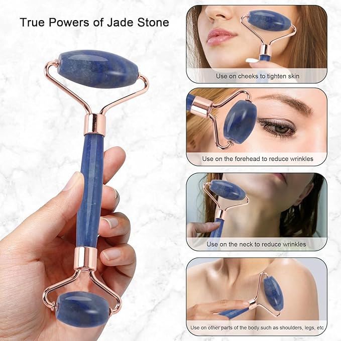 Jade Roller for Face, Facial Roller Massager Skin Care Tool, Gua Sha Facial Tools for Face, Neck, Eyes, Reduce Puffiness of The Skin(Blue)-GlimoraGlow