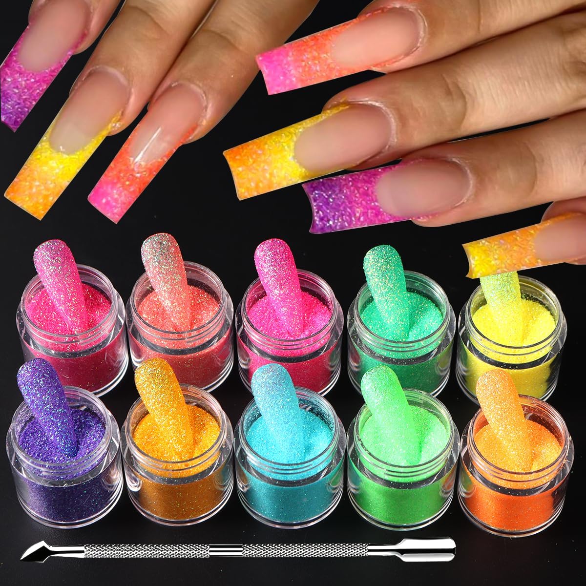 10 Bottle Shimmer Sugar Glitter Powder for Nails,Colorful Candy Coat Effect Iridescent Nail Dipping Powder Pigment, Fluorescent Chrome Dust and Stainless Steel Cuticle Pusher for DIY Manicure Decor-GlimoraGlow