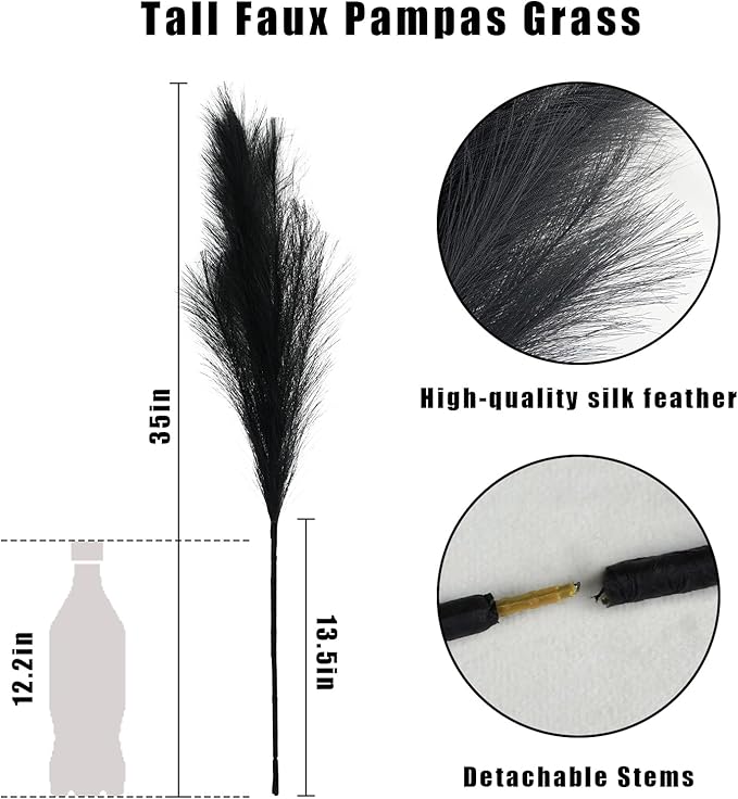 35" Faux Pampas Grass Decor, 8pcs Large Tall Fluffy Artificial Pompous Grass Branches Floral Fake Pompas Grass Bulrush Floor Vase Filler Flower Arrangement for Home Wedding Boho Decor Black