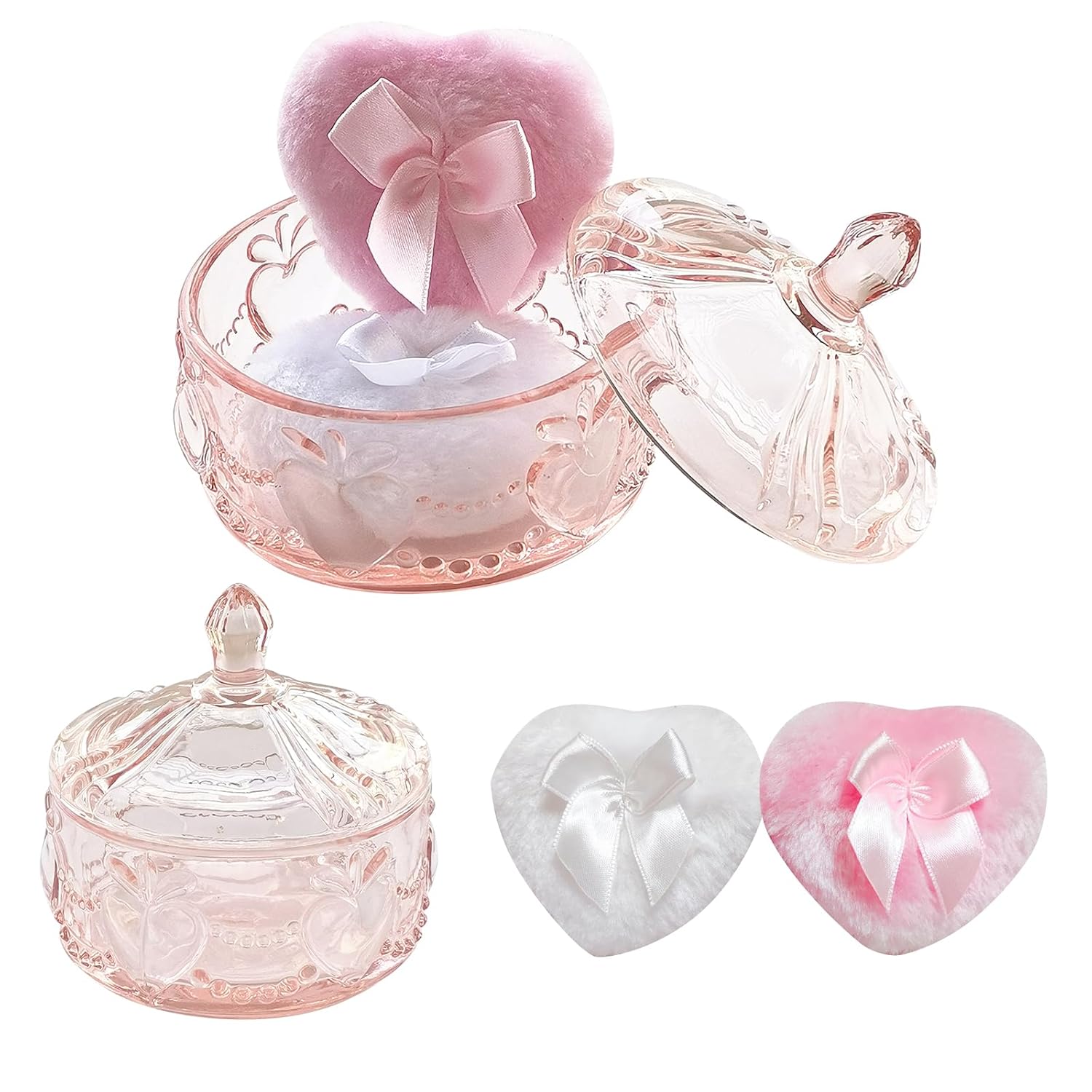 Body Powder Puff and Container - Glass Dusting Powder Container with 2 Soft Puffs Vintage Powder Puff Case for Women & Girls (3.93x3.93x4.13 H in) - GRB017-Pink-GlimoraGlow
