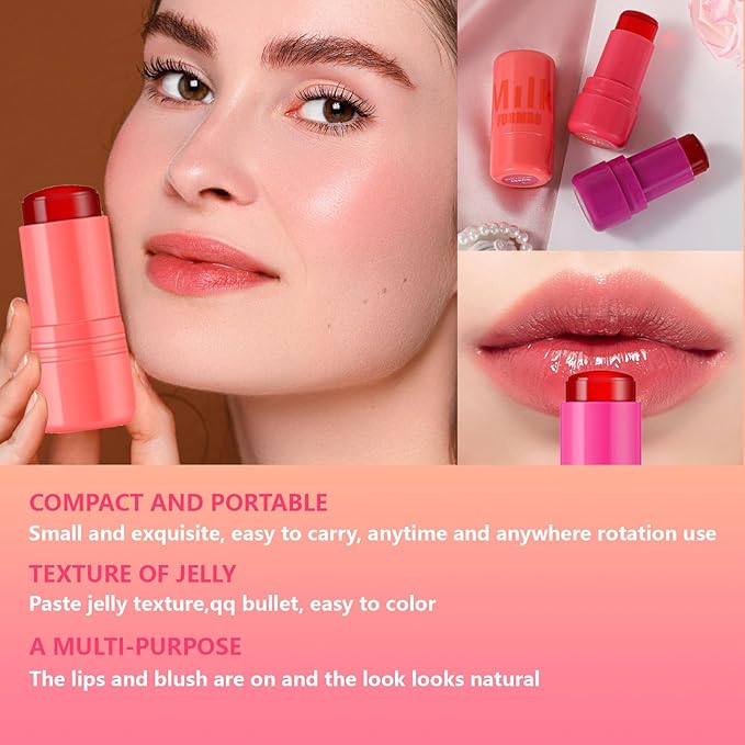 2 Pcs Milk Jelly Blush,Jelly Tint Blush Stick Sheer Lip & Cheek Stain Milk Cooling Water Jelly Tint Long Lasting Face Blushes, Lip Gloss Cheek Solid Moisturizer Stick (03#+04#)-GlimoraGlow