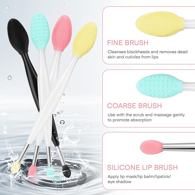 Unaone Lip Scrub Brush - 4 PCS Dual-ended Lip Scrubber Exfoliator and Silicone Lip Brush, 2-in-1 Silicone Lip Scrub Tool Lip Mask Applicator, Gentle Exfoliator & Applicator for Soft-GlimoraGlow