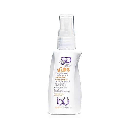 BU SPF 50 Kids Sunscreen Spray for Face and Body, Non Aerosol Spray, TSA Travel Size Sunscreen, Clear, Non Greasy, Water Resistant, Oil Free, Fragrance Free 1 oz-GlimoraGlow