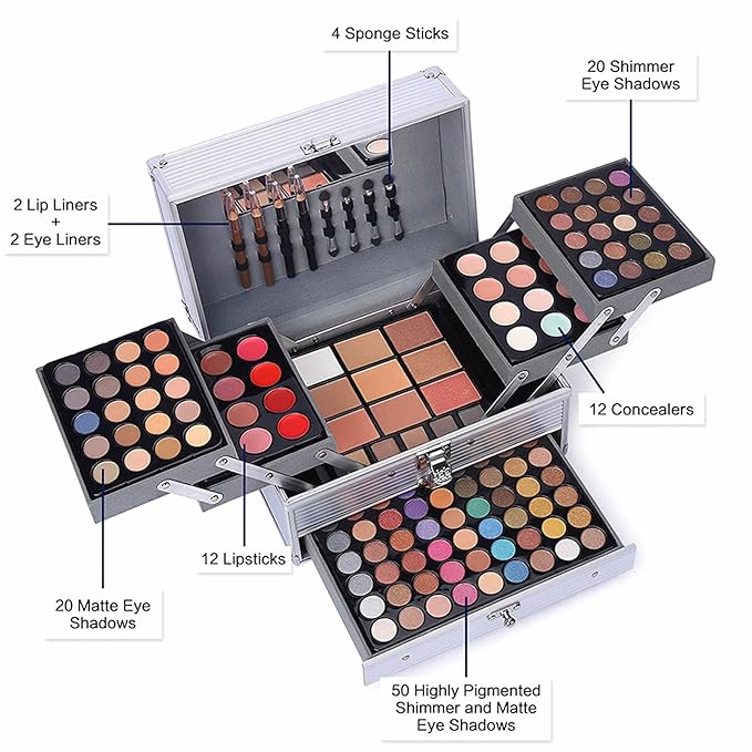 132 Color All In One Makeup Kit,Professional Makeup Case Set for Teen Girls, Multicolor Eyeshadow Palette(006N2-Silver)-GlimoraGlow