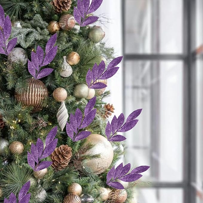 GREENTIME 12 Pack Artificial Purple Glitter Leaves 13" Fake Christmas Picks Decorative Glitter Sticks for Vase Christmas Tree DIY Wreath Crafts Fireplace Decor