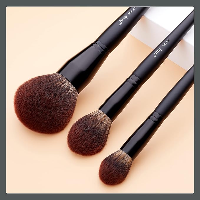 Jessup Large Face Makeup Brushes 3pcs, Premium Synthetic Powder Contour Highlighter Brush, Phantom Black T274-GlimoraGlow