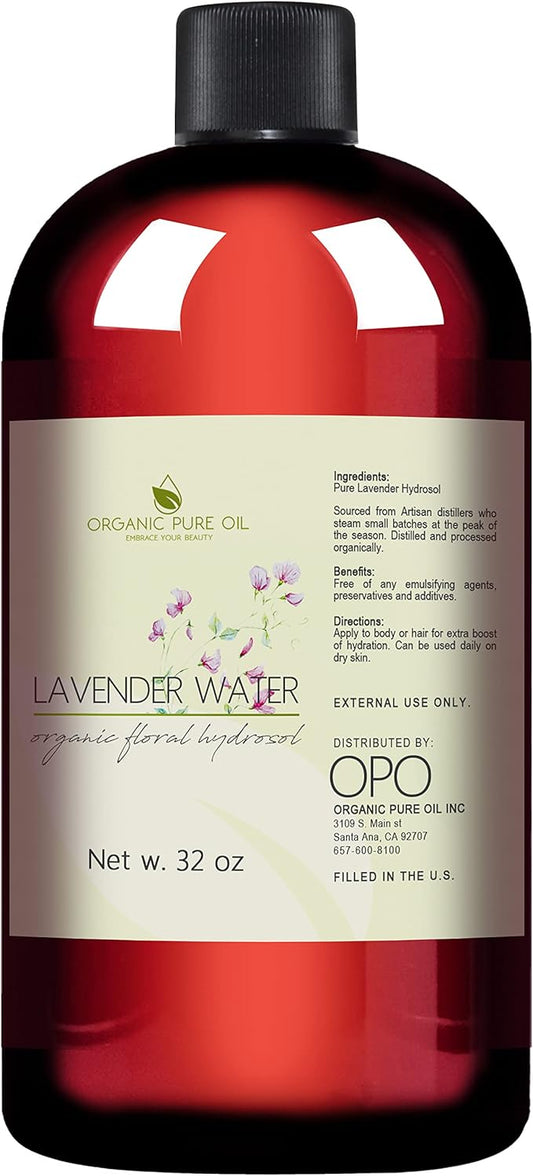 Lavender Water Hydrosol - Pure Steam Distilled Natural Non GMO Calming Bulk Body, Face, Facial Toner, Aromatherapy, Set Makeup, Cleanser Mist Spritz - 32oz - OPO-GlimoraGlow