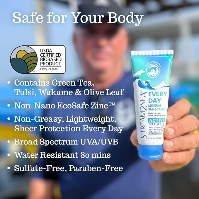 SPF 45 Every Day Active Mineral Sunscreen | 2.5 Fl Oz Biodegradable & Reef Safe Sunscreen for Face & Body | Non-Greasy, Lightweight & Sheer Mineral Protection Against UVA & UVB by Stream2Sea-GlimoraGlow